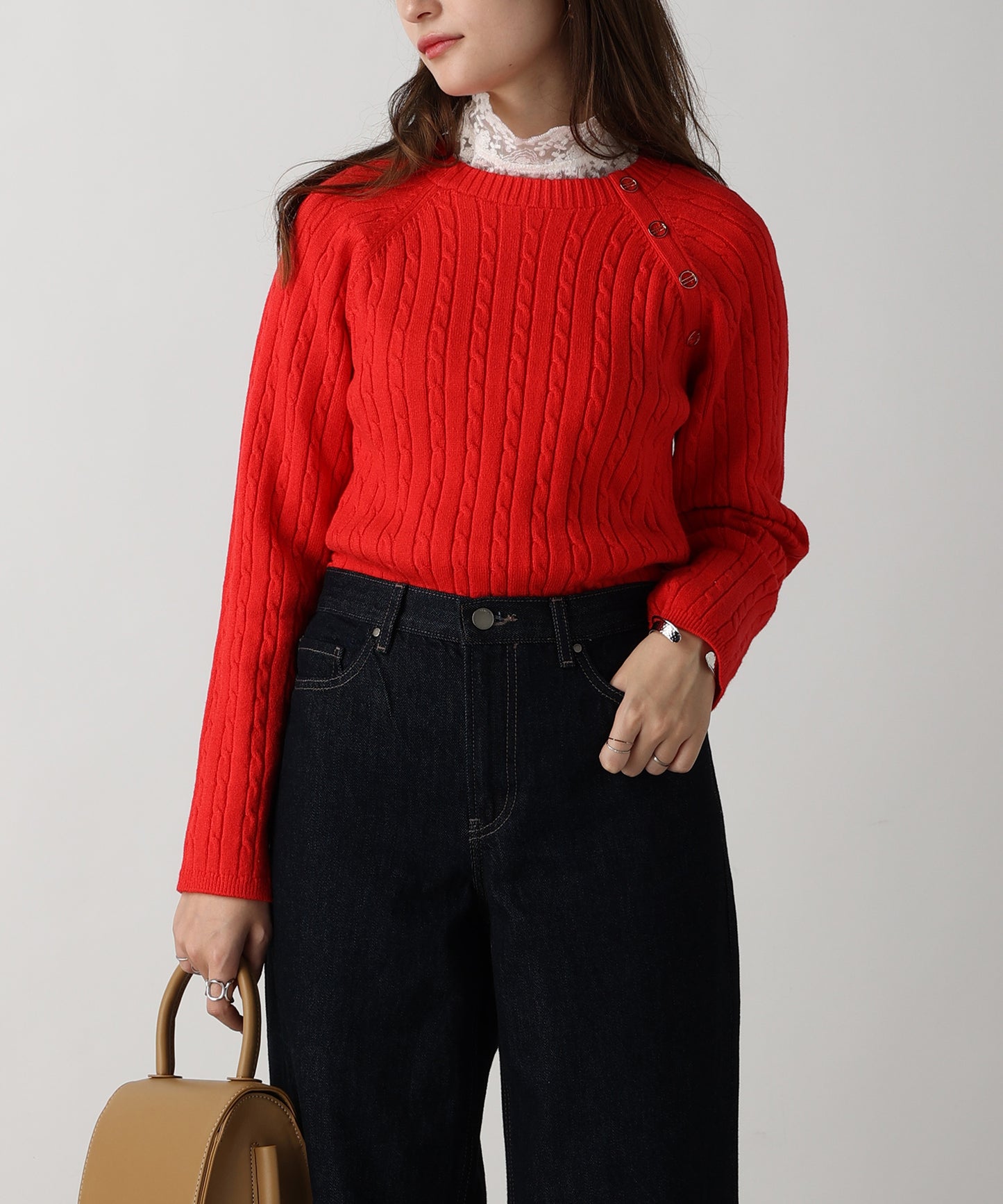 金ボタン付きケーブルラグランニット/AC3201