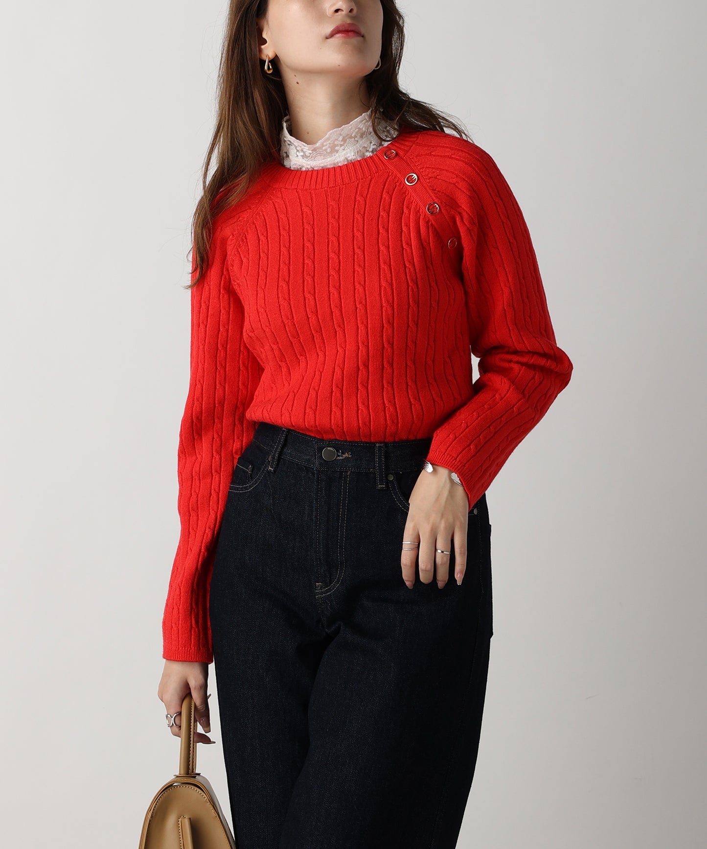 金ボタン付きケーブルラグランニット/AC3201