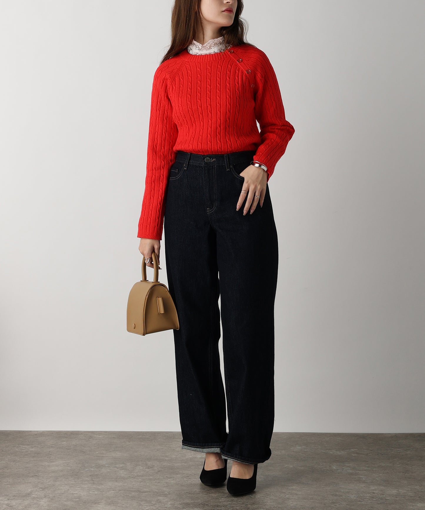 金ボタン付きケーブルラグランニット/AC3201