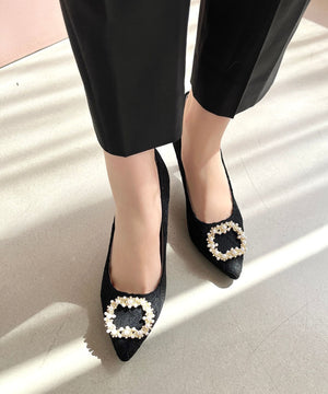 パールバックルヒールパンプス/R-2016【オケージョン/結婚式/パーティーパンプス】