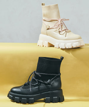 ボリュームソール編み上げニットブーツ/51406