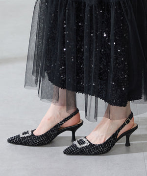 ビジュー×ツイードバックストラップパンプス/56306