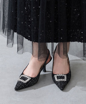 ビジュー×ツイードバックストラップパンプス/56306