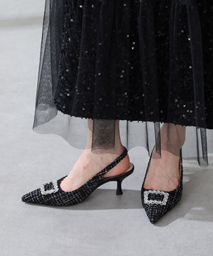 ビジュー×ツイードバックストラップパンプス/56306