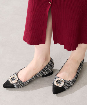 【カタログ掲載アイテム】ビジューモチーフツイードフラットパンプス/56310