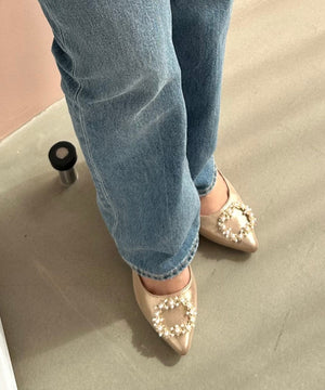 パールバックルヒールパンプス/R-2016【オケージョン/結婚式/パーティーパンプス】