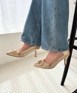 パールバックルヒールパンプス/R-2016【オケージョン/結婚式/パーティーパンプス】