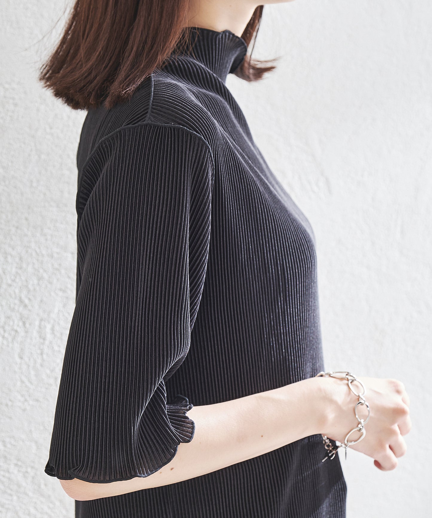 2wayハイネックメロープリーツ5分袖トップス/AC1427