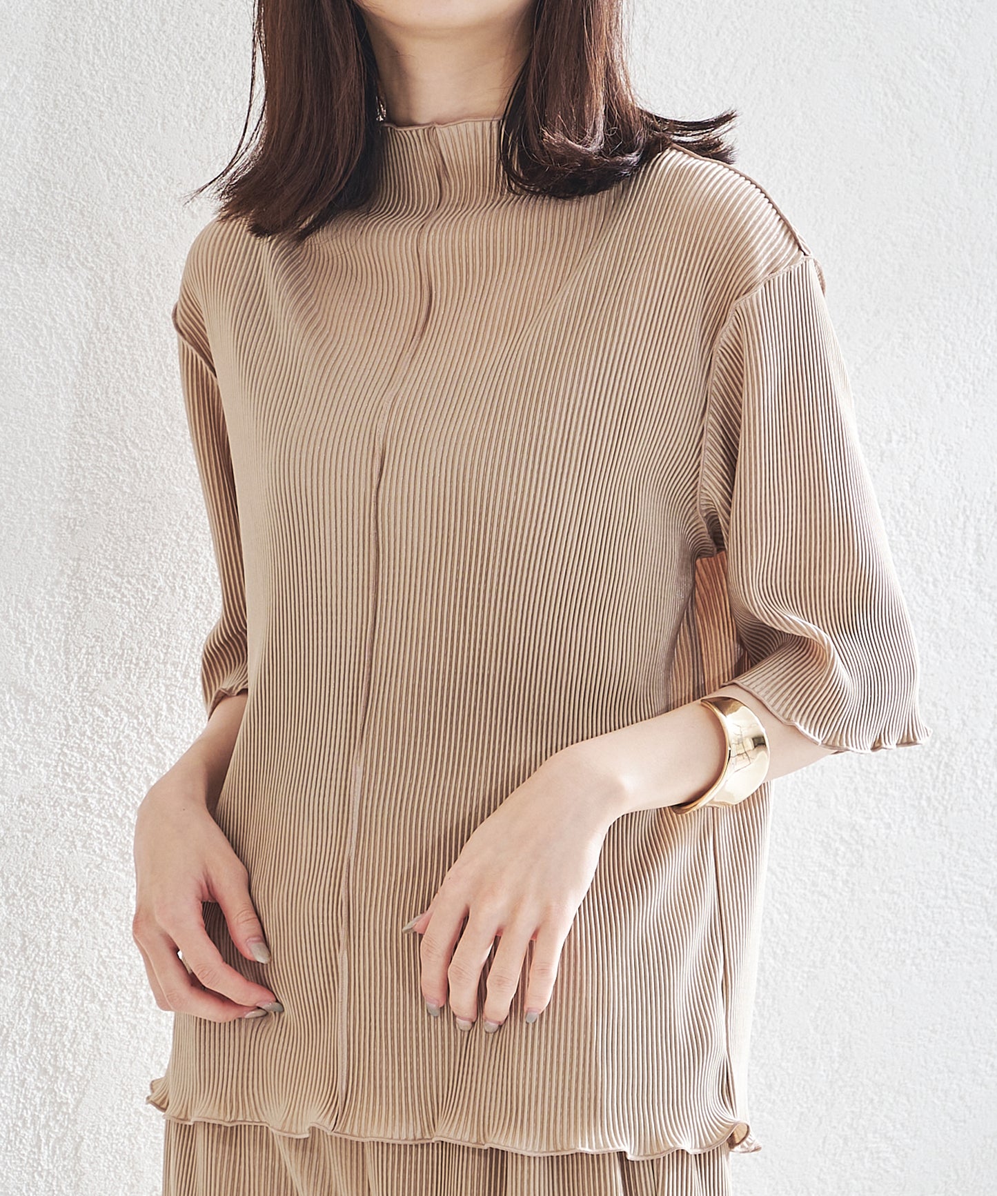 2wayハイネックメロープリーツ5分袖トップス/AC1427