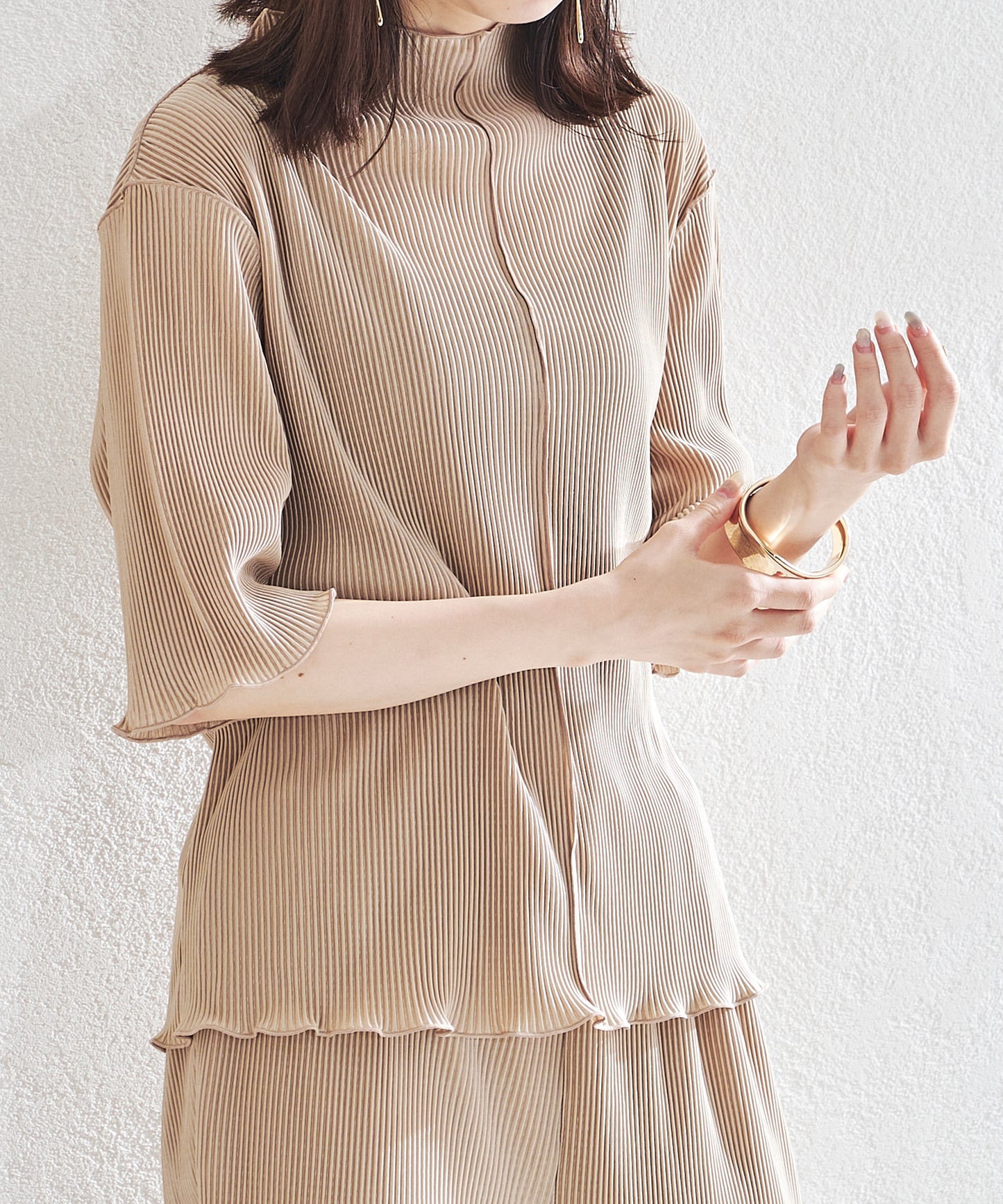 2wayハイネックメロープリーツ5分袖トップス/AC1427