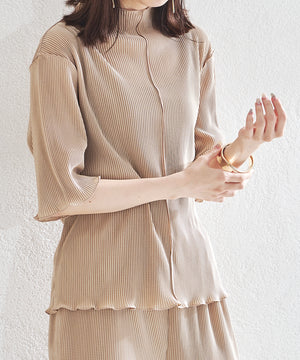 2wayハイネックメロープリーツ5分袖トップス/AC1427