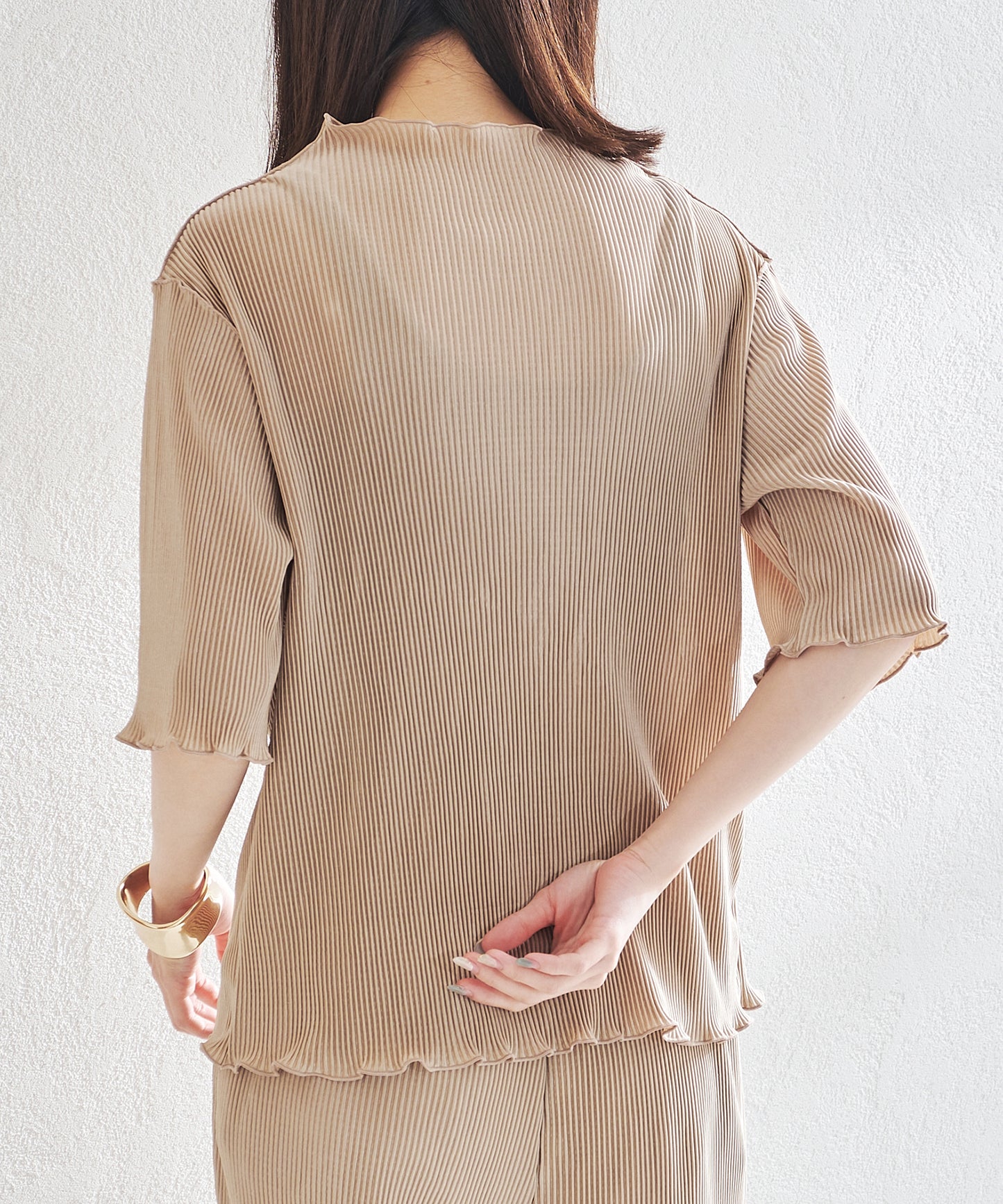 2wayハイネックメロープリーツ5分袖トップス/AC1427