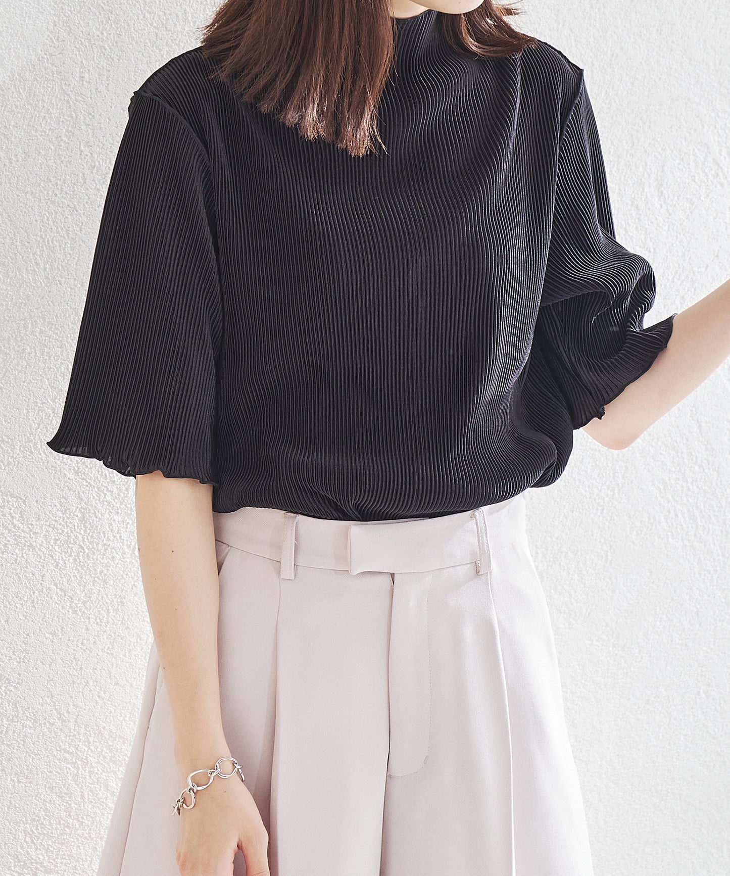 2wayハイネックメロープリーツ5分袖トップス/AC1427