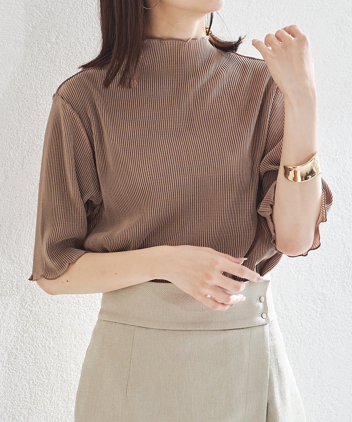 2wayハイネックメロープリーツ5分袖トップス/AC1427