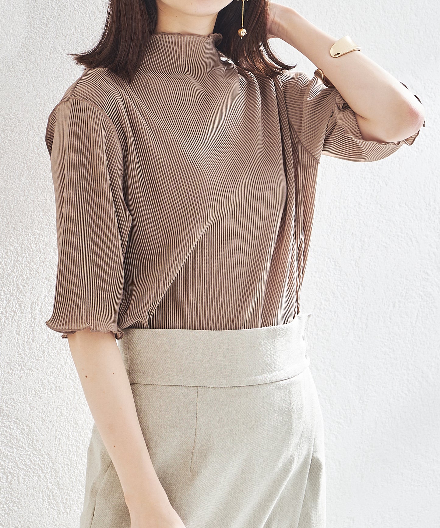 2wayハイネックメロープリーツ5分袖トップス/AC1427