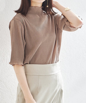 2wayハイネックメロープリーツ5分袖トップス/AC1427