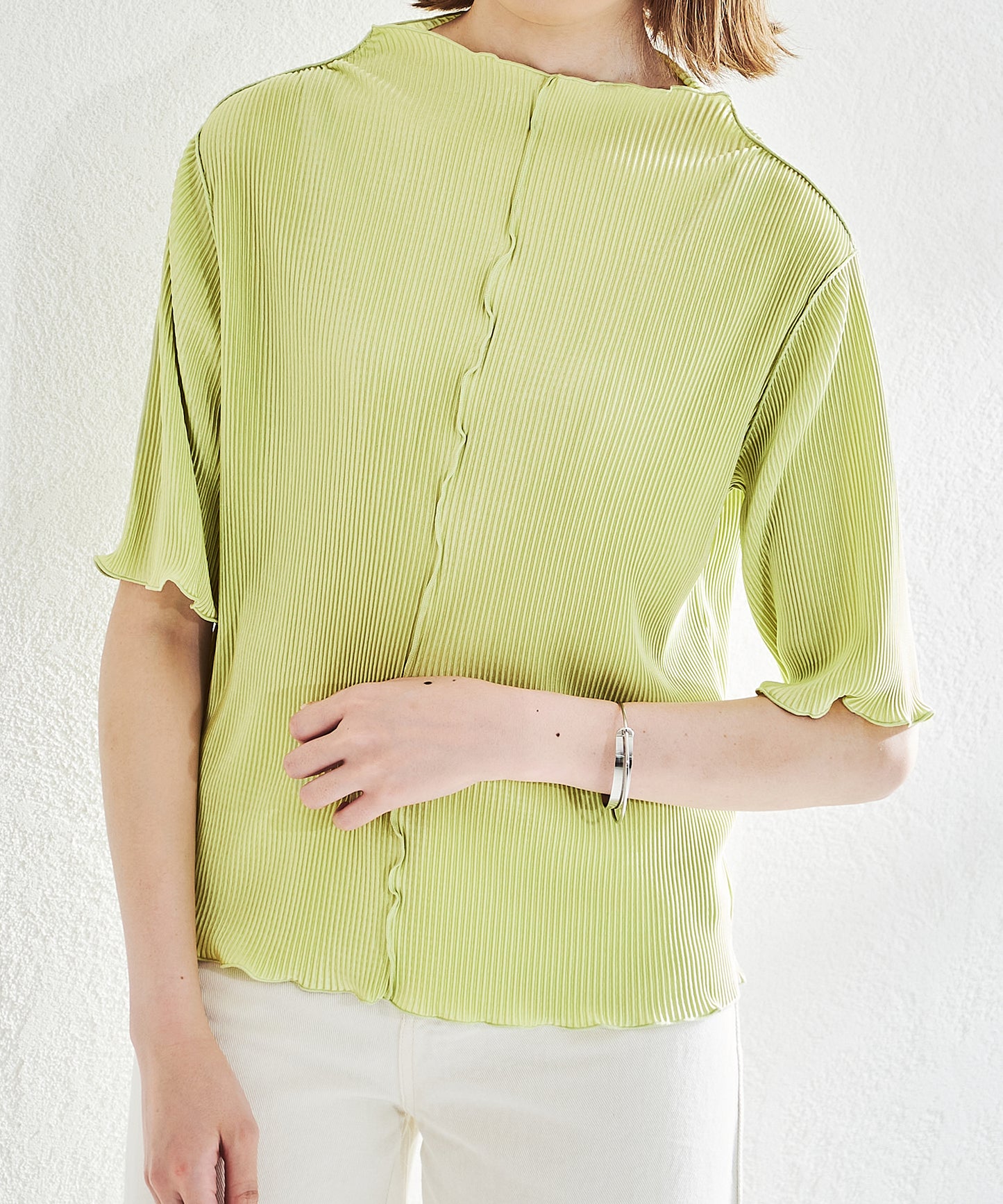 2wayハイネックメロープリーツ5分袖トップス/AC1427