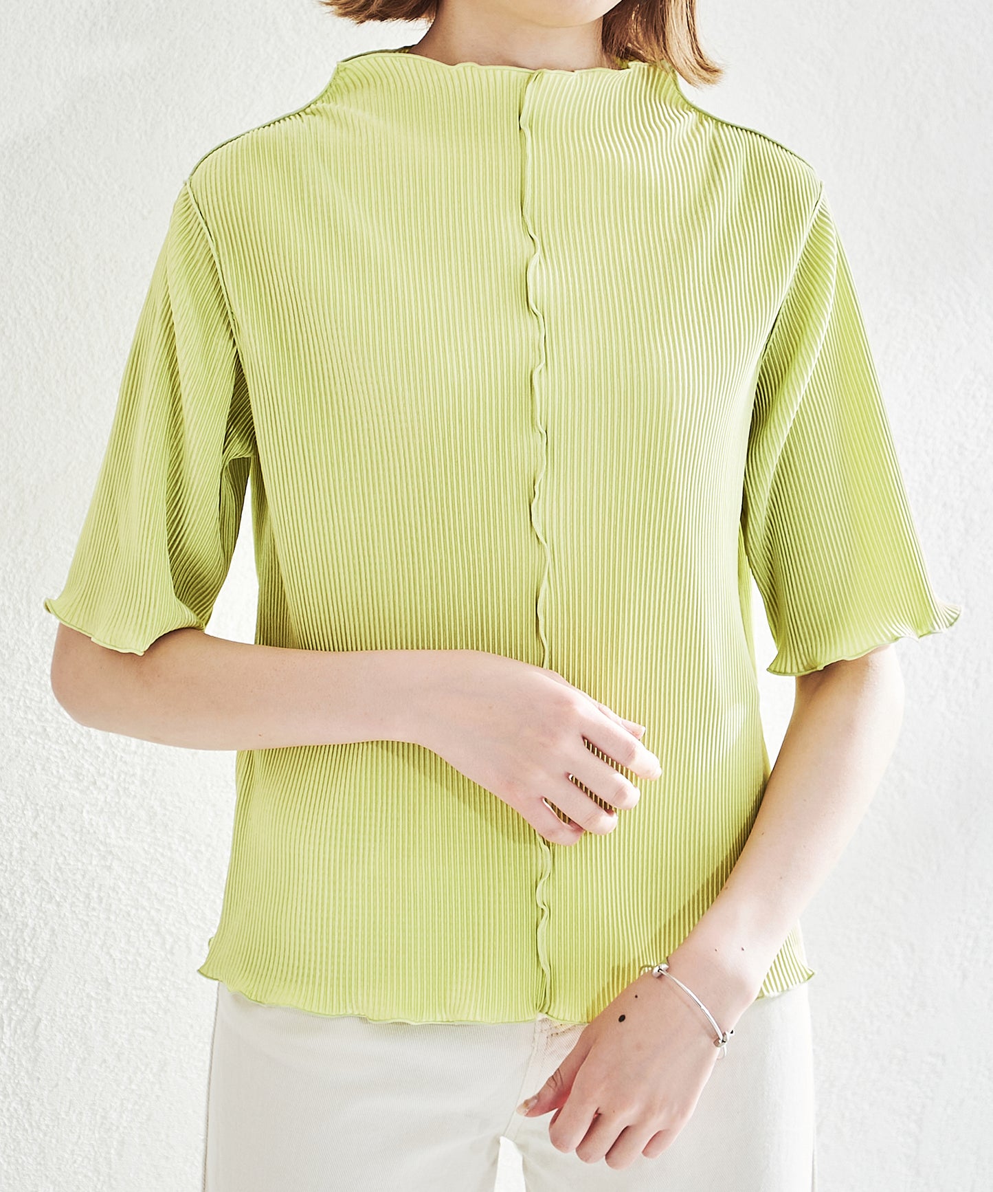 2wayハイネックメロープリーツ5分袖トップス/AC1427