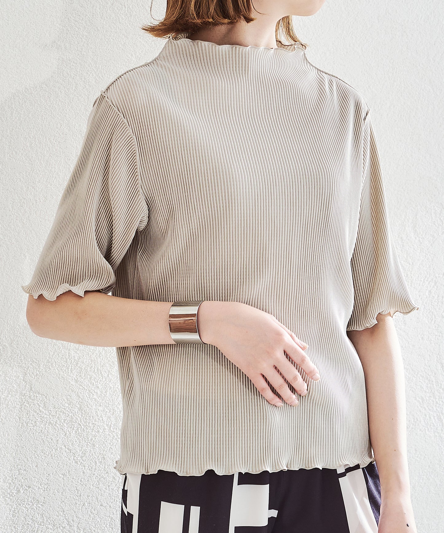 2wayハイネックメロープリーツ5分袖トップス/AC1427