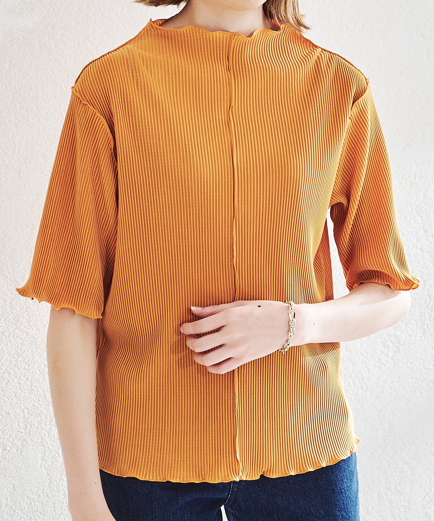 2wayハイネックメロープリーツ5分袖トップス/AC1427