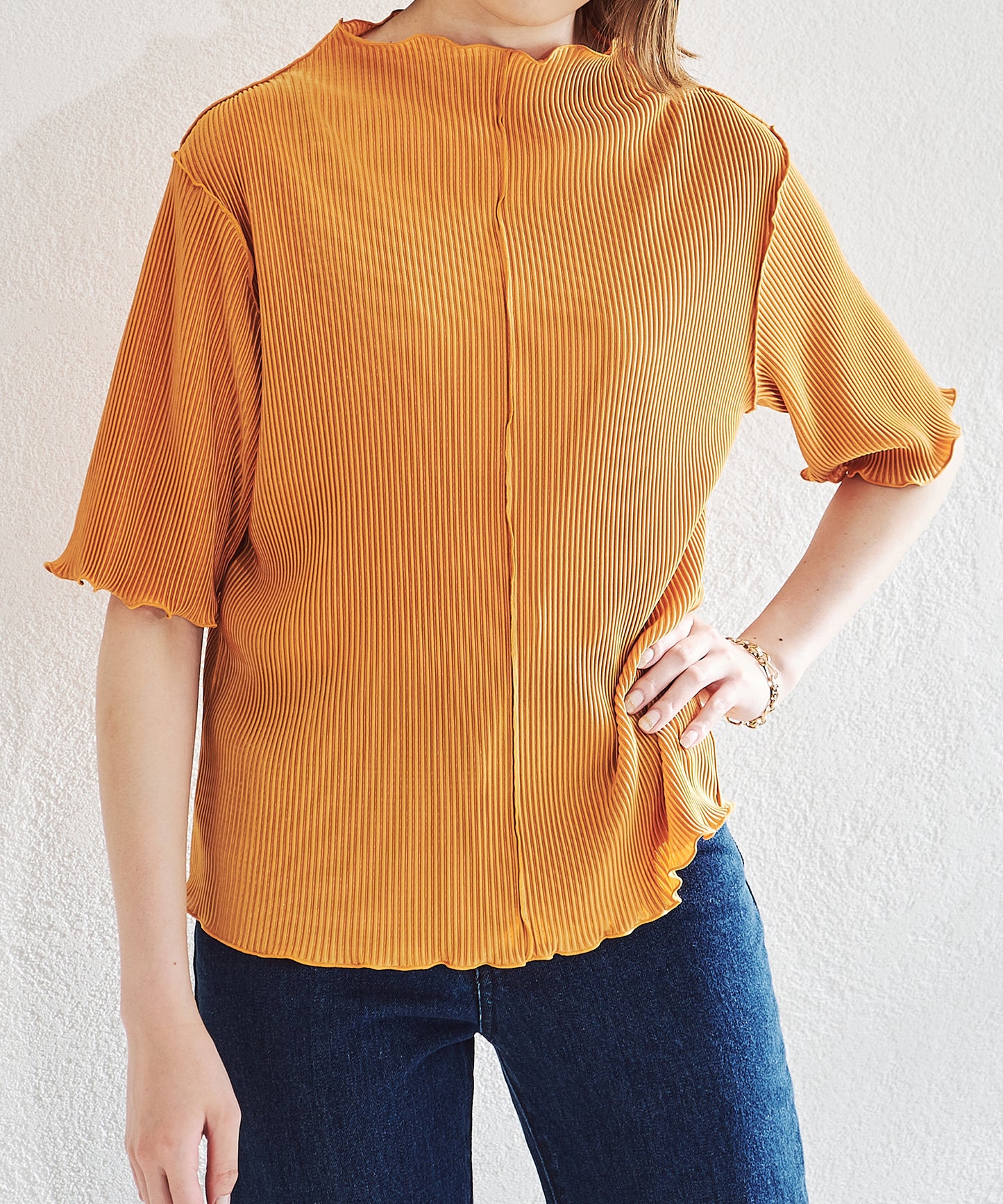 2wayハイネックメロープリーツ5分袖トップス/AC1427