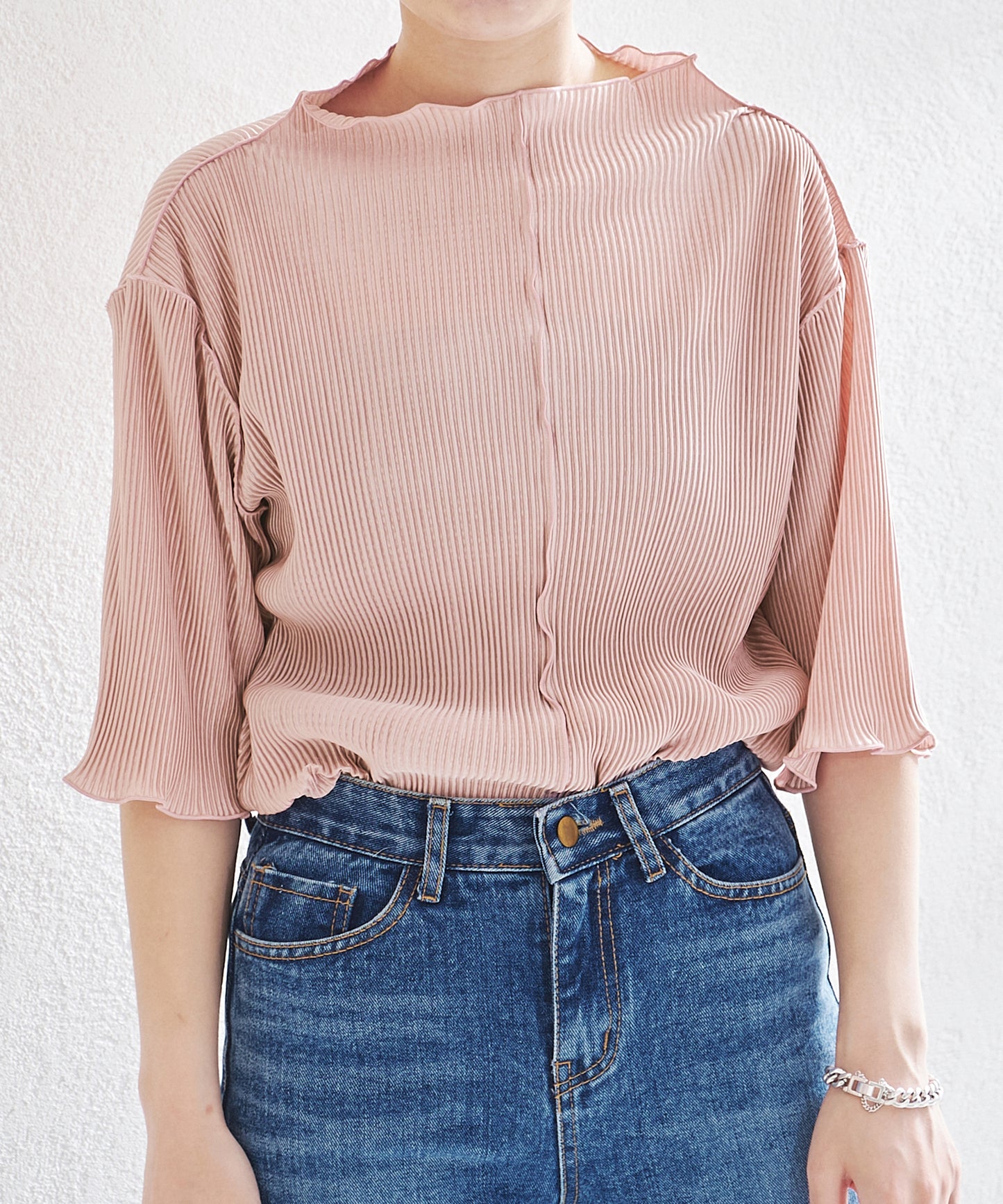 2wayハイネックメロープリーツ5分袖トップス/AC1427