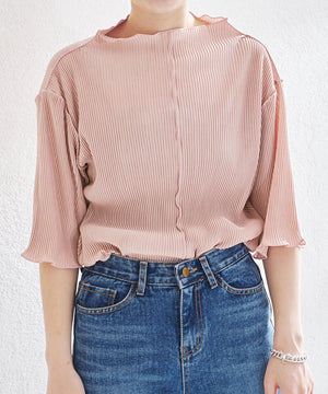 2wayハイネックメロープリーツ5分袖トップス/AC1427