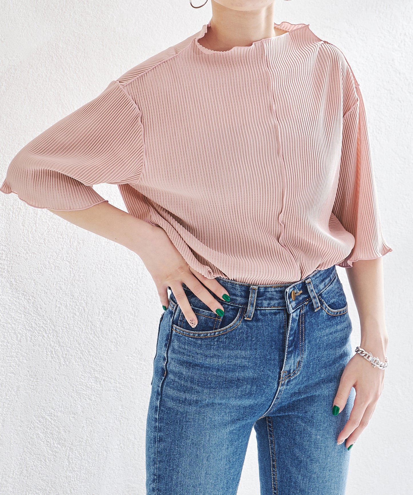 2wayハイネックメロープリーツ5分袖トップス/AC1427