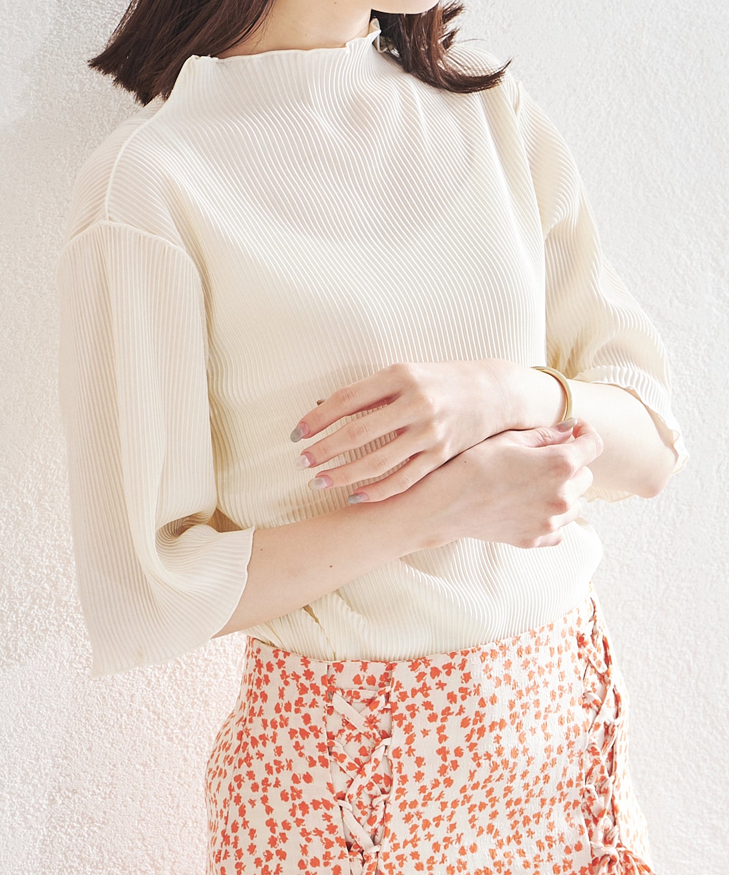 2wayハイネックメロープリーツ5分袖トップス/AC1427