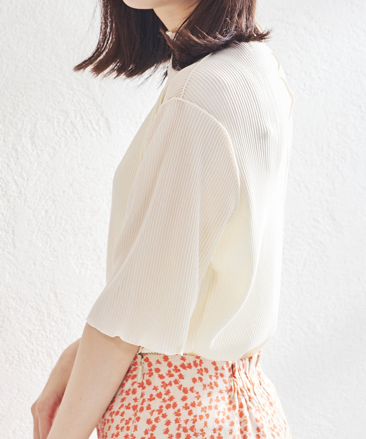 2wayハイネックメロープリーツ5分袖トップス/AC1427