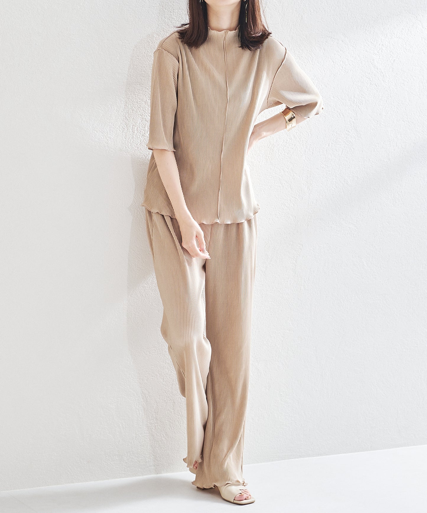 2wayハイネックメロープリーツ5分袖トップス/AC1427