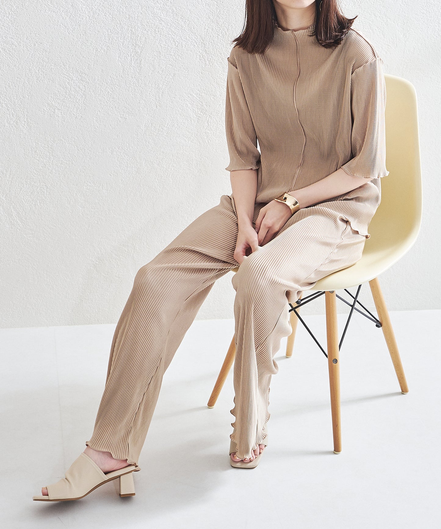 2wayハイネックメロープリーツ5分袖トップス/AC1427