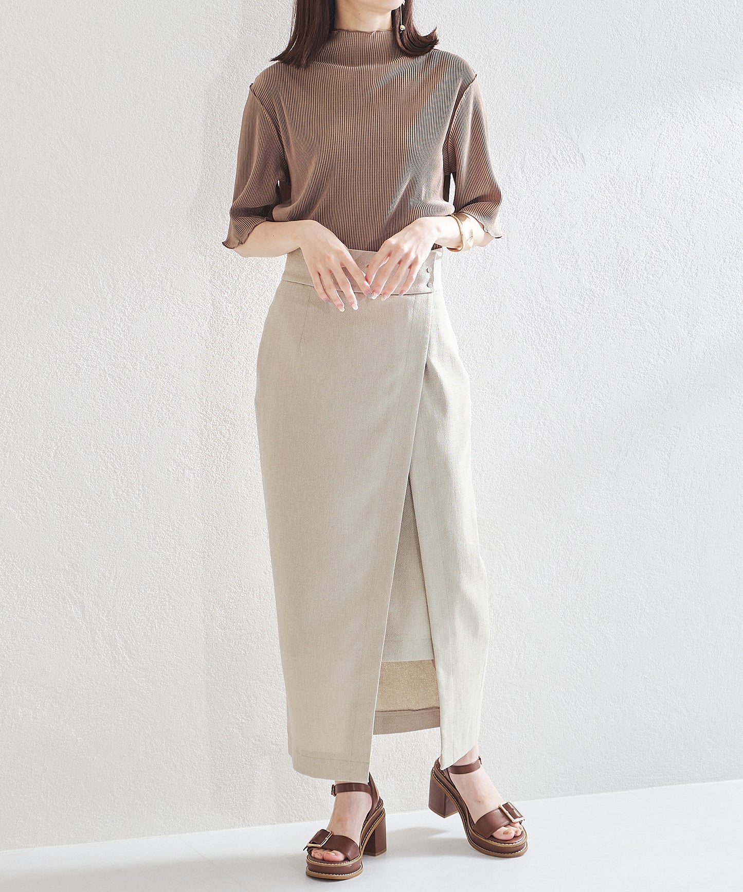 2wayハイネックメロープリーツ5分袖トップス/AC1427