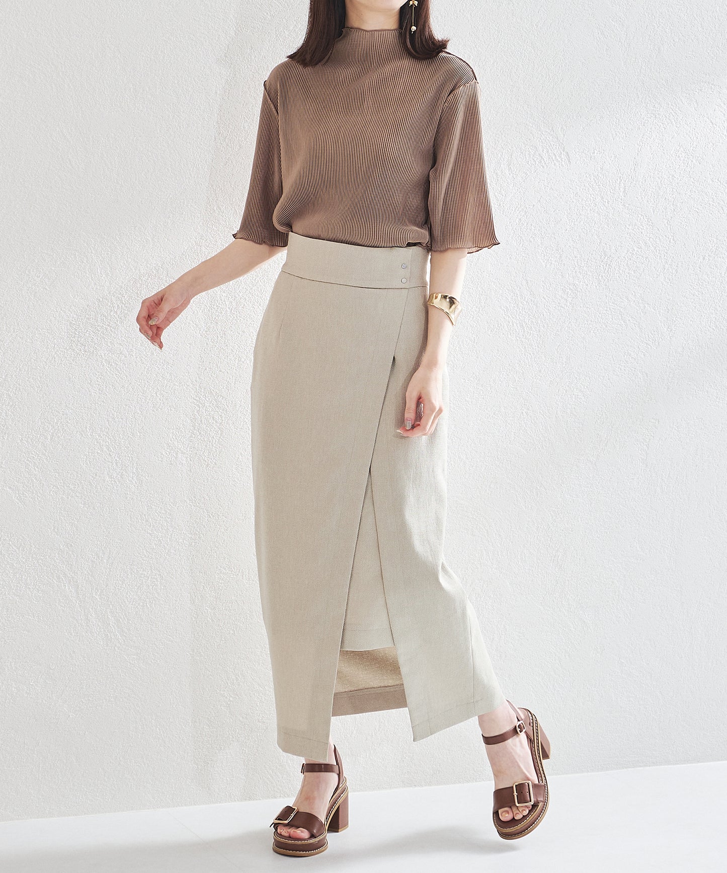 2wayハイネックメロープリーツ5分袖トップス/AC1427