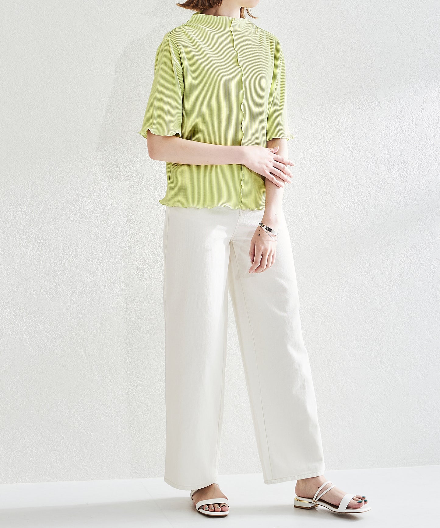 2wayハイネックメロープリーツ5分袖トップス/AC1427