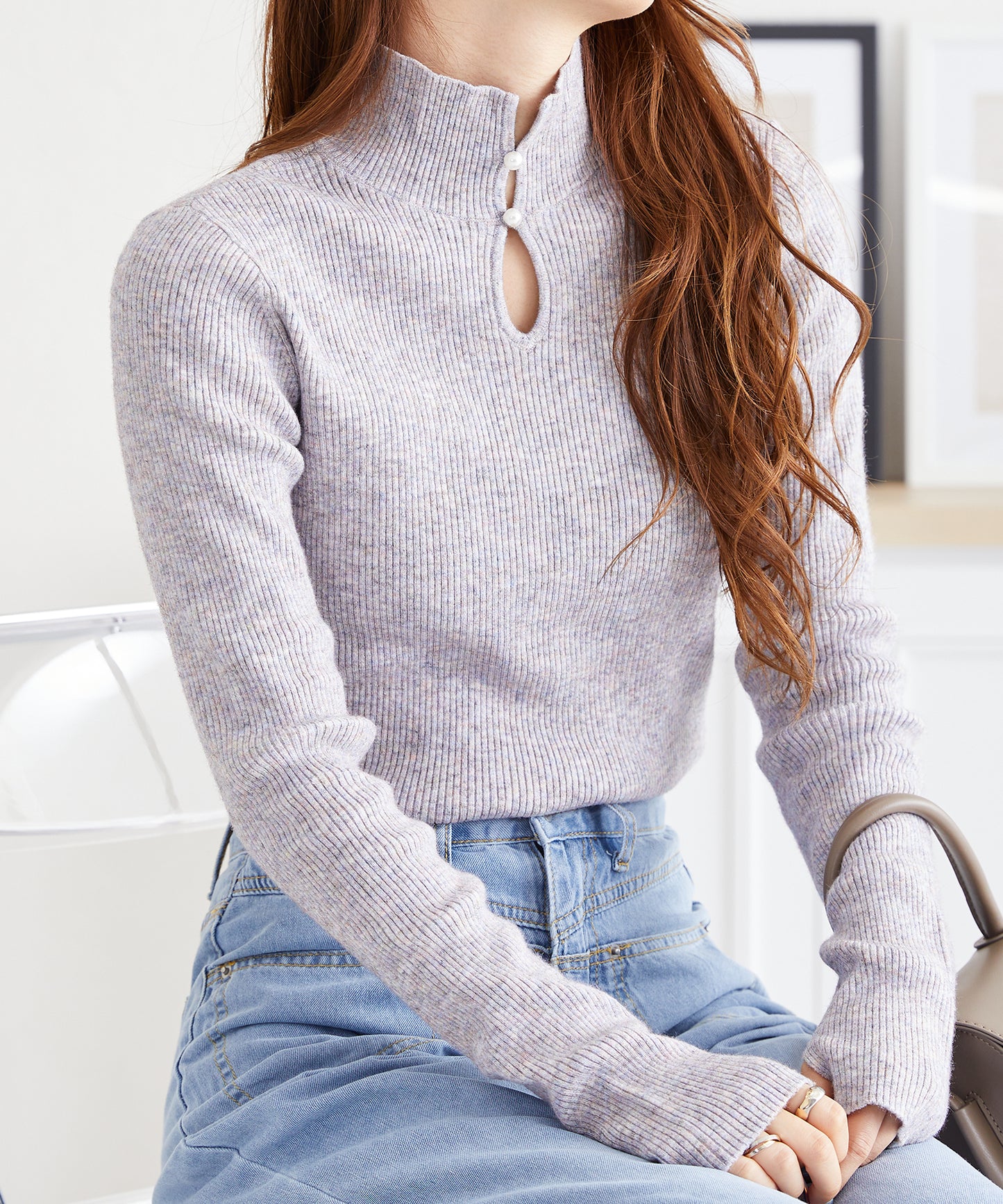 2WAYパール付きフィンガーホールリブニット/AC3414