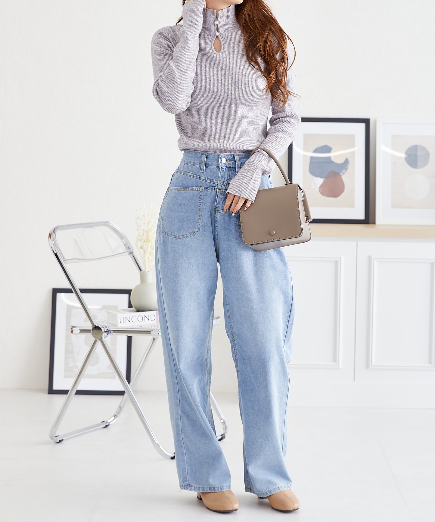 2WAYパール付きフィンガーホールリブニット/AC3414