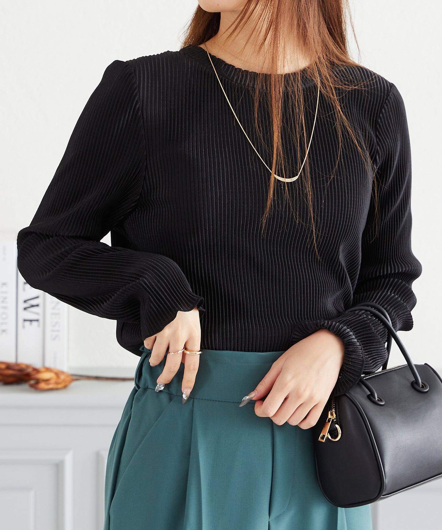 プリーツクルー長袖トップス/AC3423