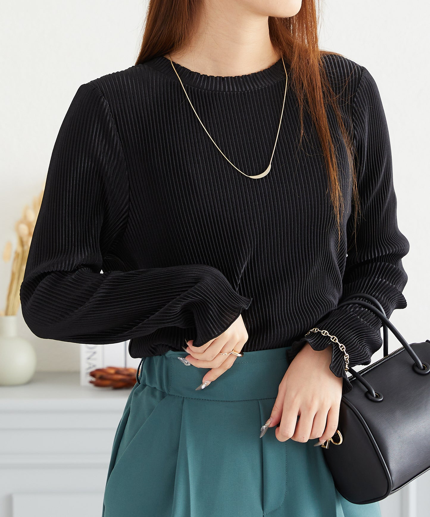 プリーツクルー長袖トップス/AC3423