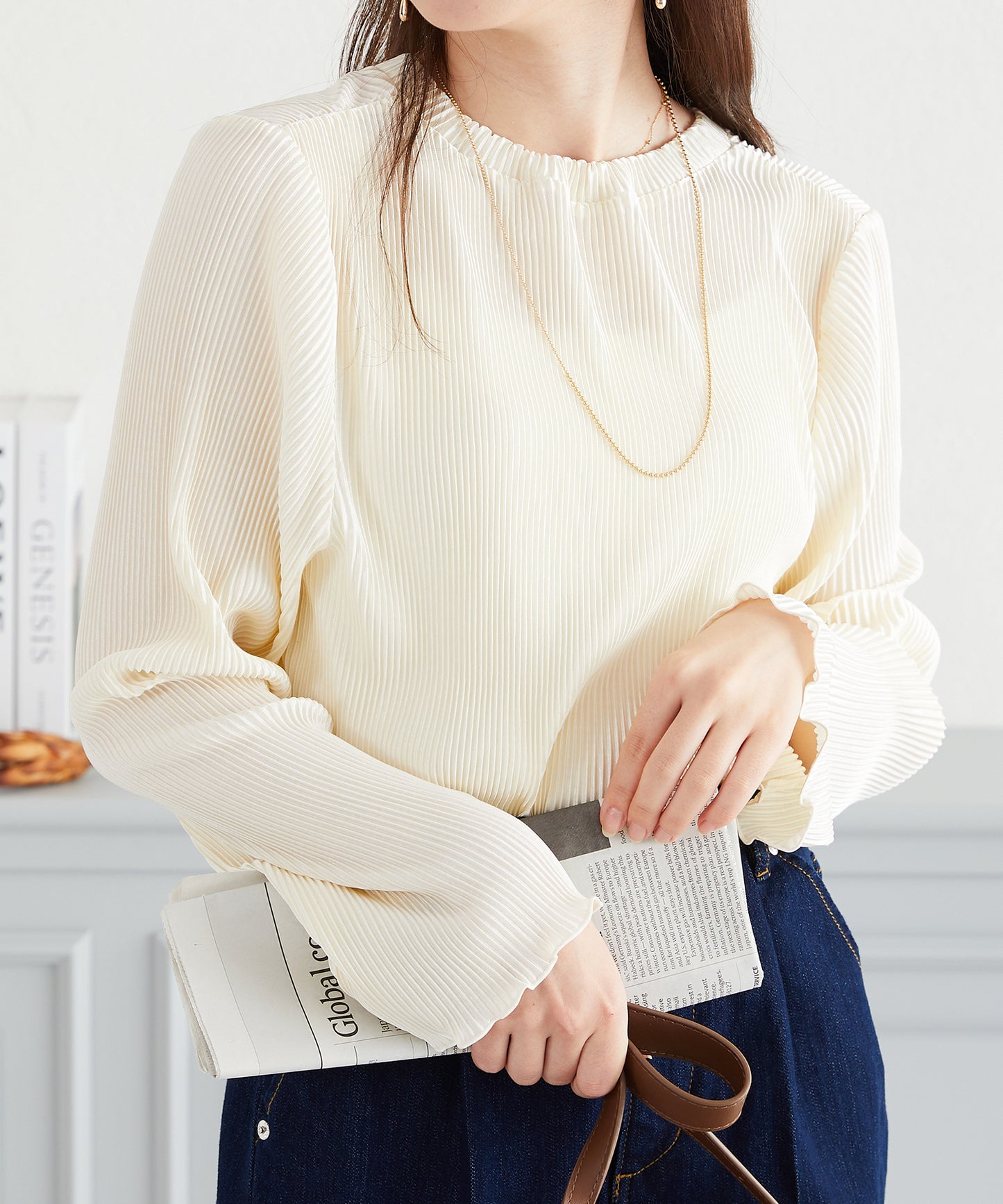 プリーツクルー長袖トップス/AC3423