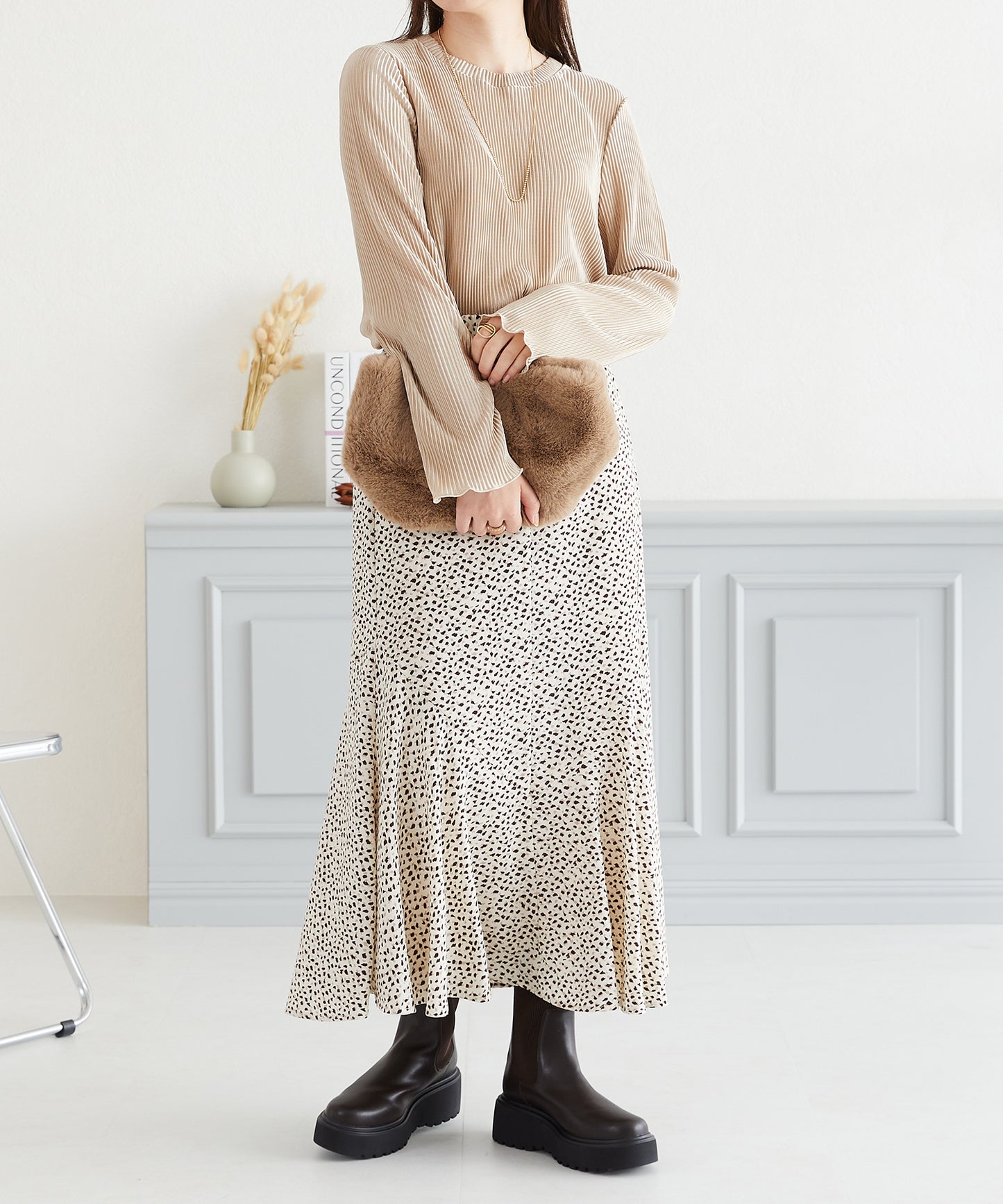 プリーツクルー長袖トップス/AC3423