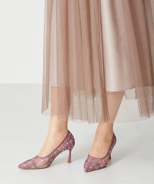 レース刺繍ポインテッドトゥパンプス/MOR102【結婚式/オケージョン/パーティー】