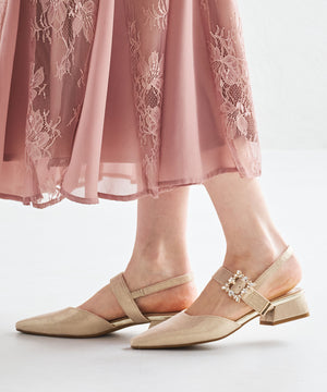 ビジューバックストラップローヒールパンプス/MOR111