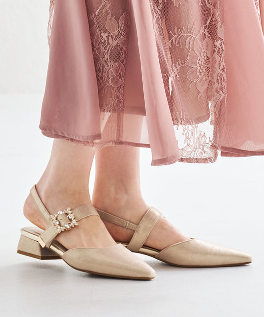 ビジューバックストラップローヒールパンプス/MOR111