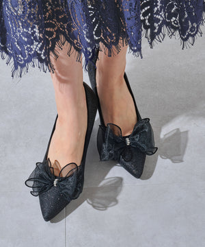 チュールリボン×グリッターヒールパンプス/MOR113