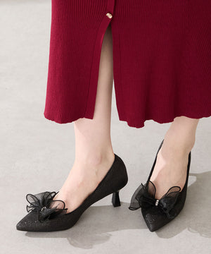 チュールリボン×グリッターヒールパンプス/MOR113