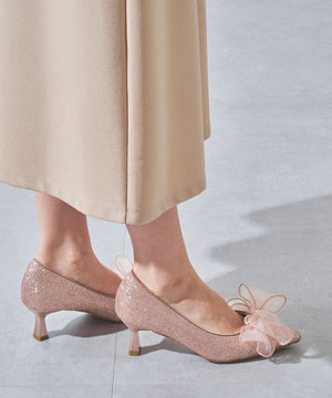 チュールリボン×グリッターヒールパンプス/MOR113