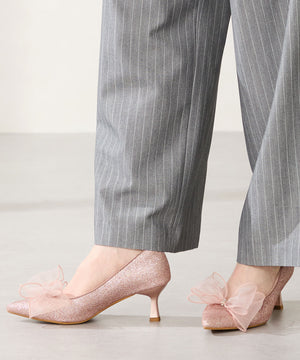 チュールリボン×グリッターヒールパンプス/MOR113