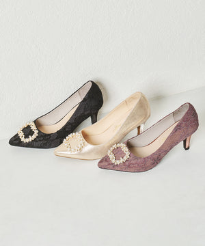 パールバックルヒールパンプス/R-2016【オケージョン/結婚式/パーティーパンプス】