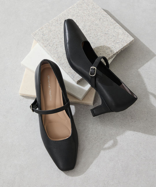 スクエアトゥストラップヒールパンプス/R-3006